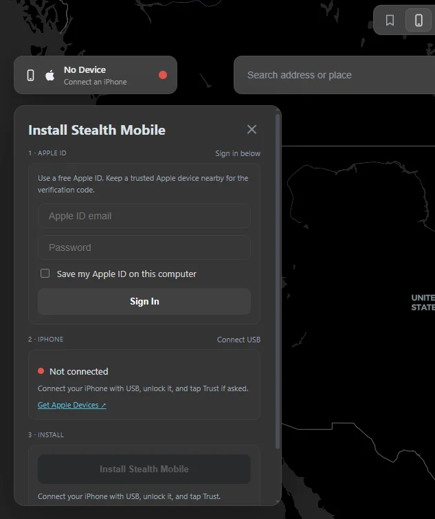 Stealth for Windows with the iPhone installation panel open