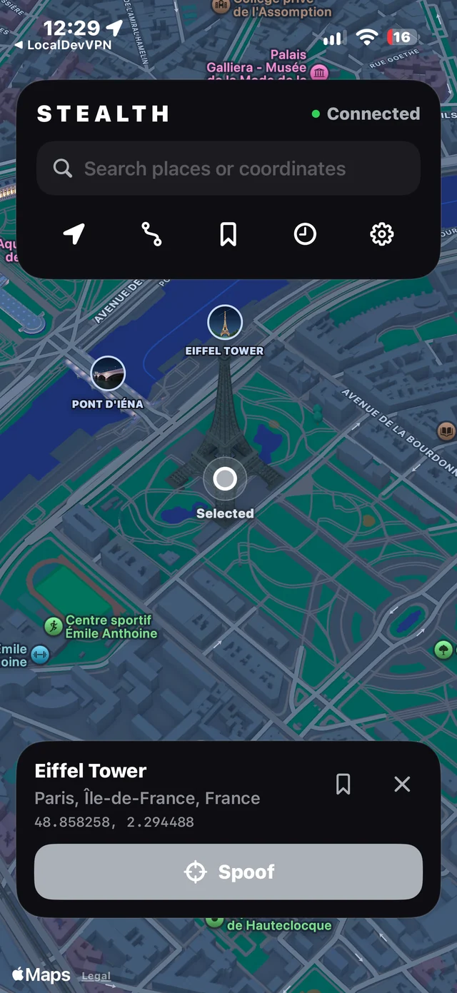 Stealth map showing a selected Eiffel Tower destination and its coordinates