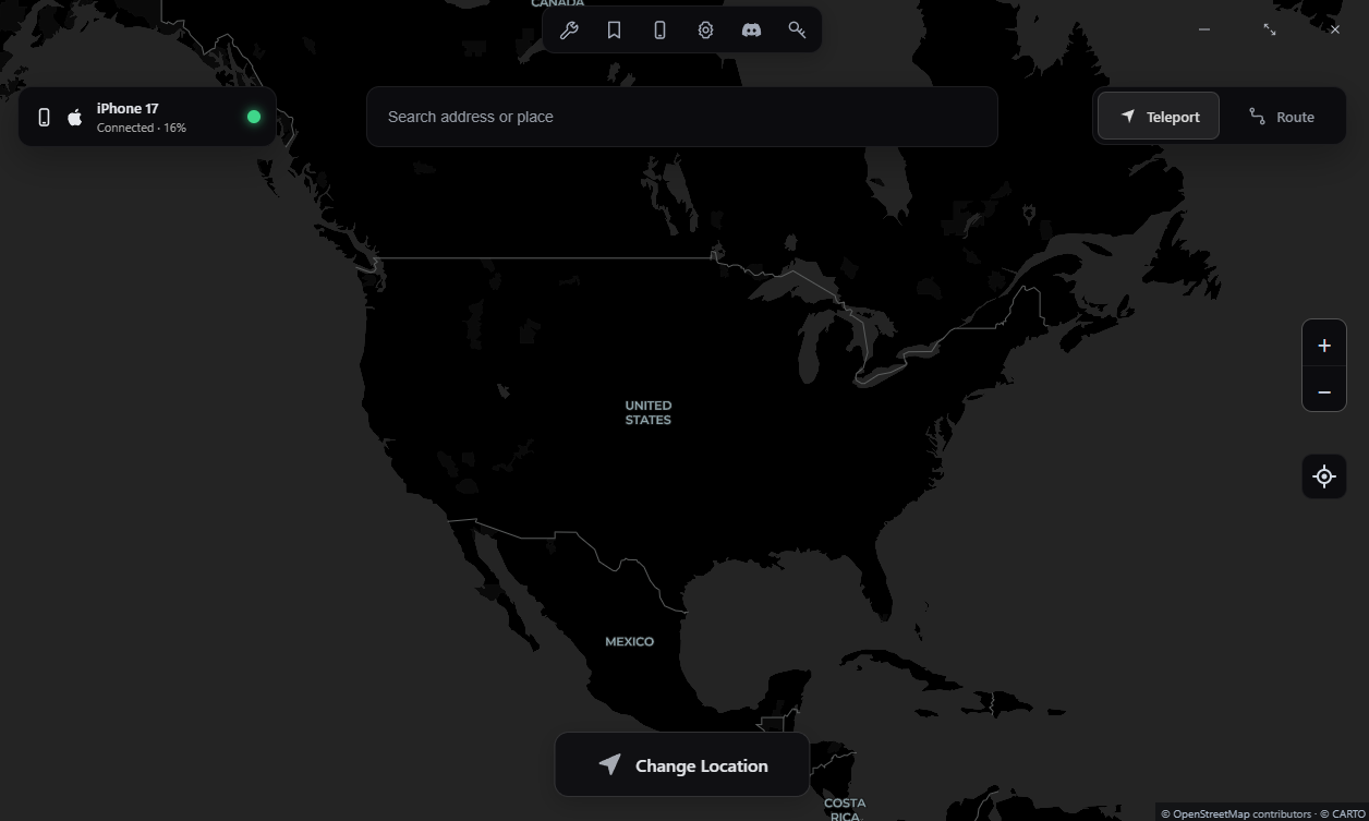 Stealth Windows location interface with the dark map