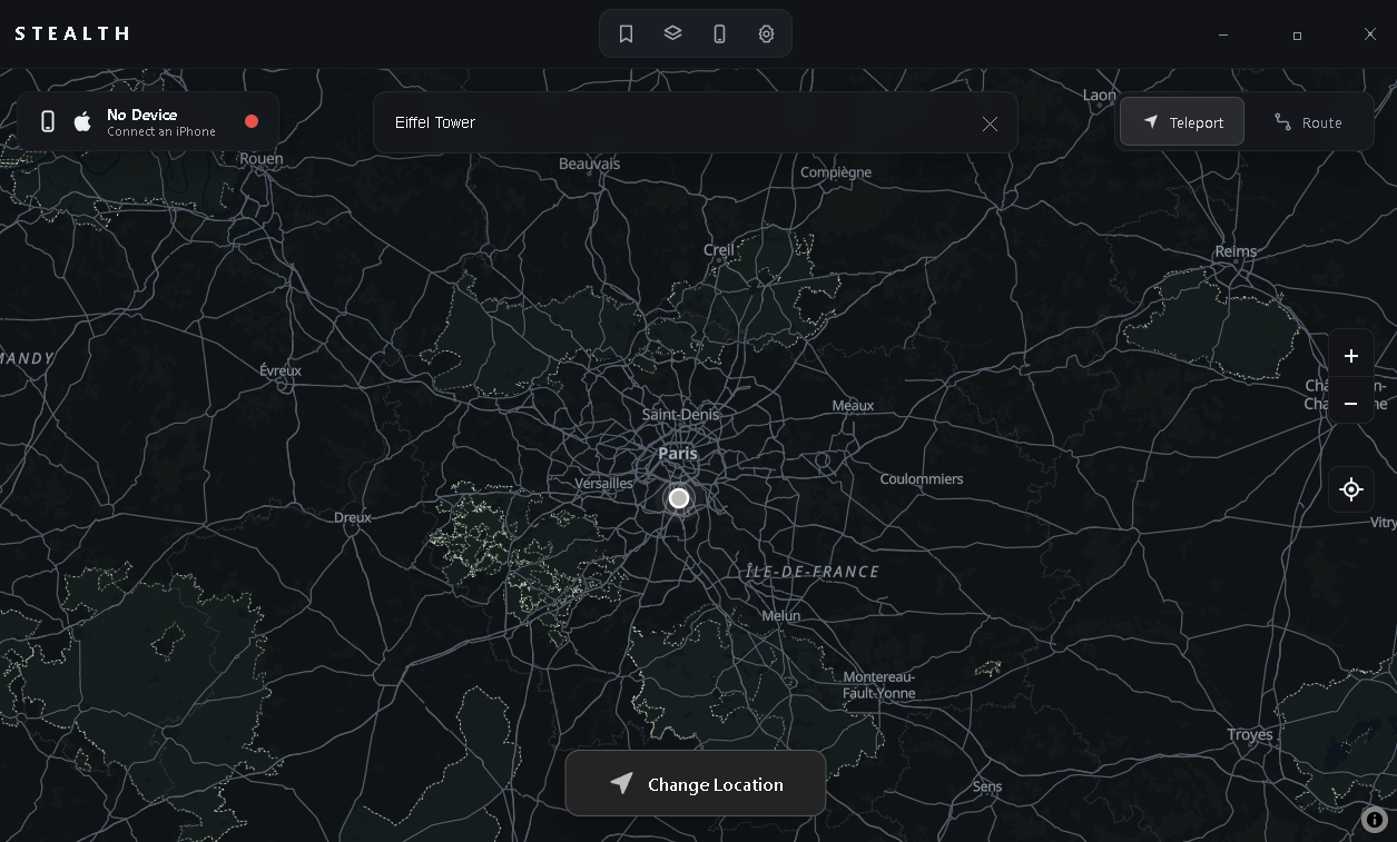 STEALTH Windows location interface centered on Paris