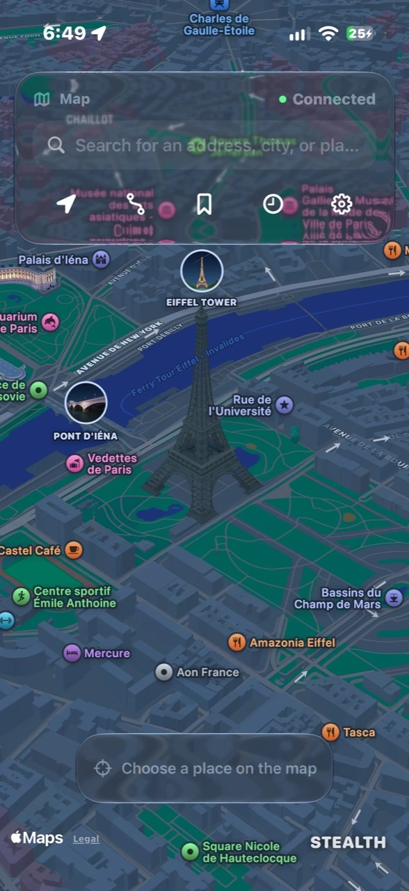 Stealth iPhone app showing the Eiffel Tower in Paris