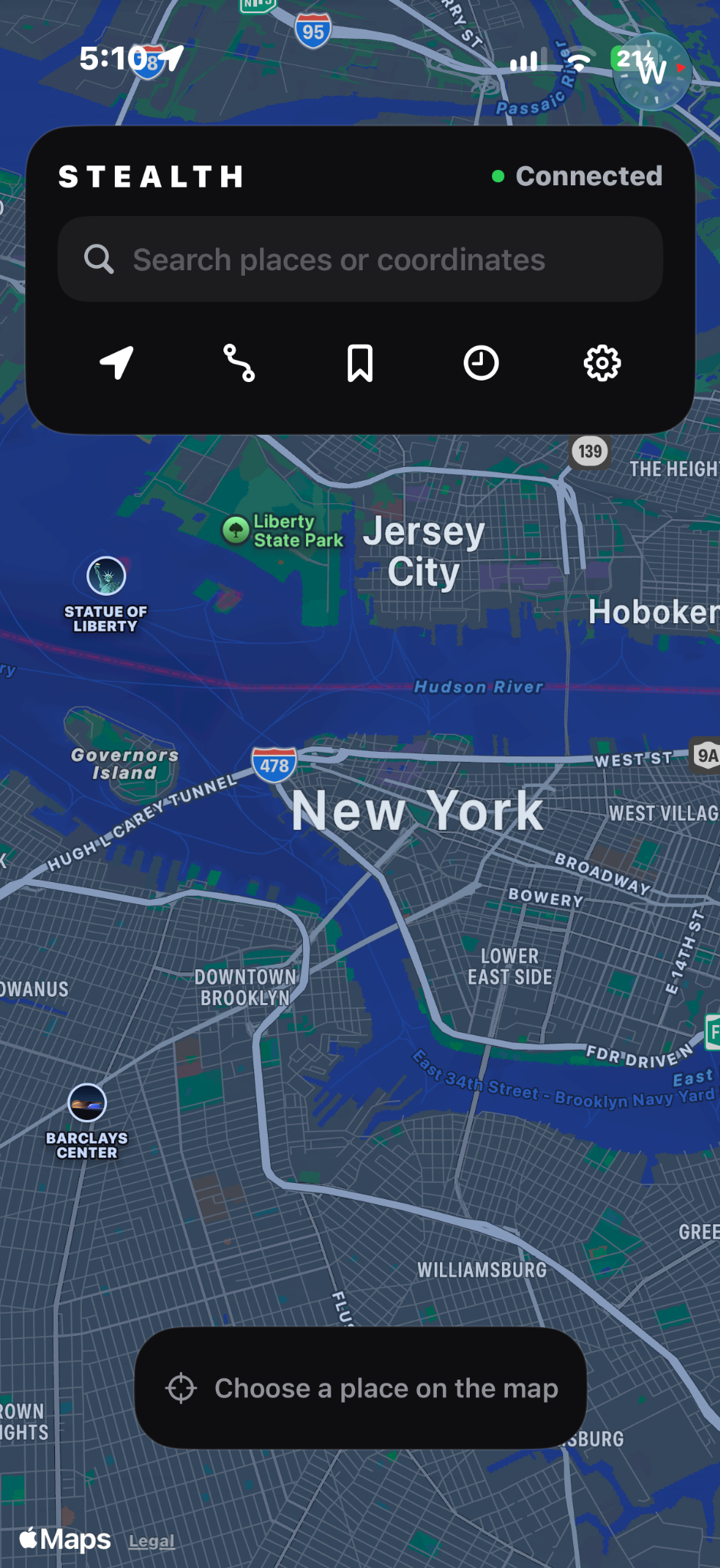 Full STEALTH iPhone screen showing New York